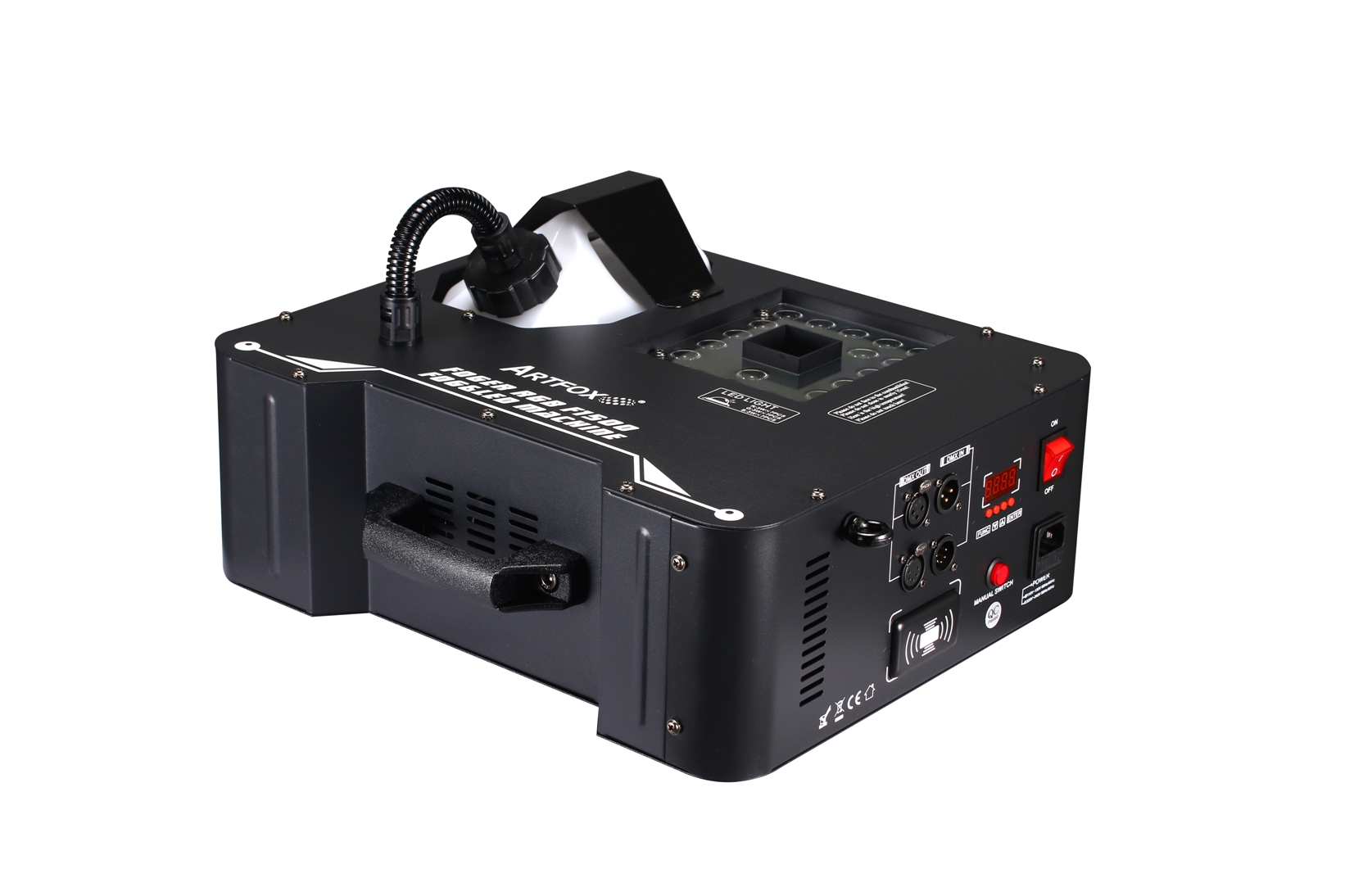 Fog Machine:1500w, 21x3w LEDs(7 Red, 7 Green, 7 Blue), Remote control